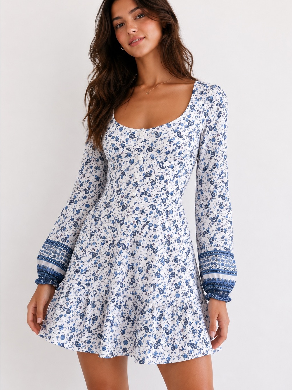 Hollister Floral Paisley Mini Dress Cottagecore Milkmaid Boho White Blue XS